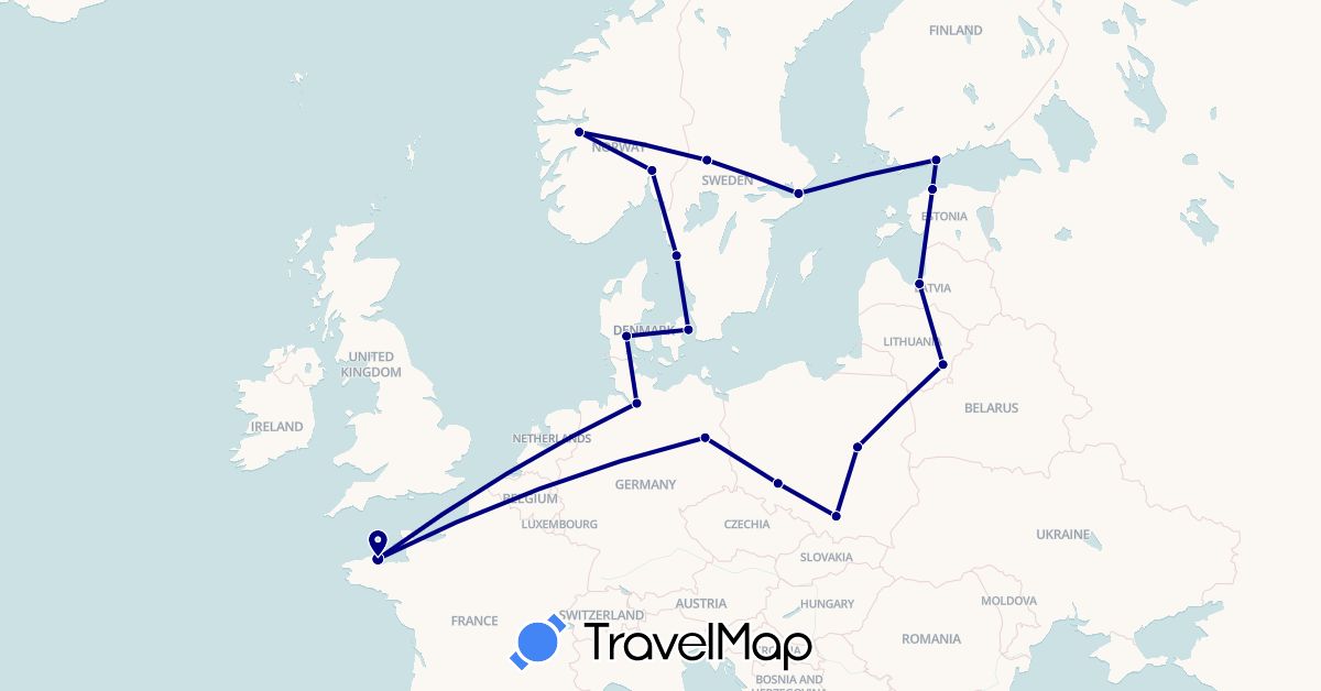 TravelMap itinerary: driving in Germany, Denmark, Estonia, Finland, France, Lithuania, Latvia, Norway, Poland, Sweden (Europe)
